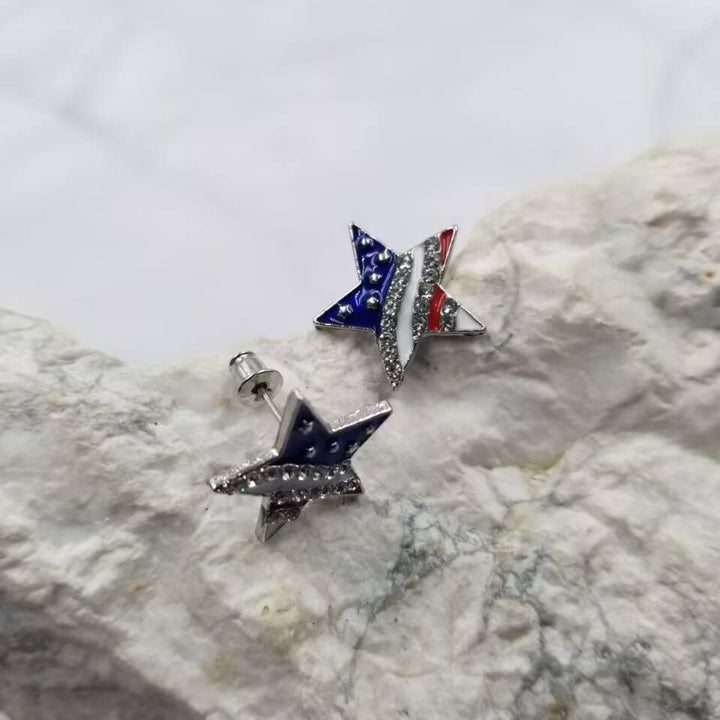 Patriotic Shiny Crystal Star Stud Earrings