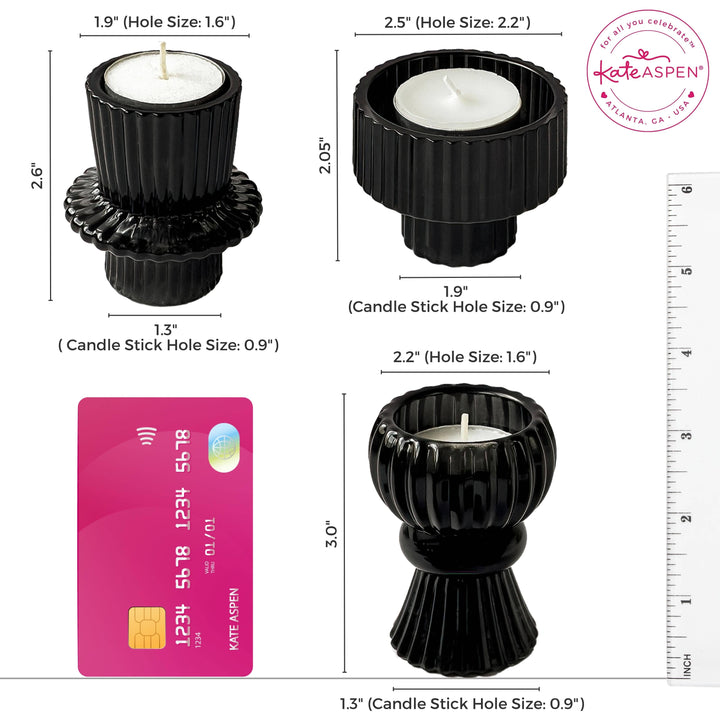 Ribbed Black Glass Candle/Candlestick Holders Set of