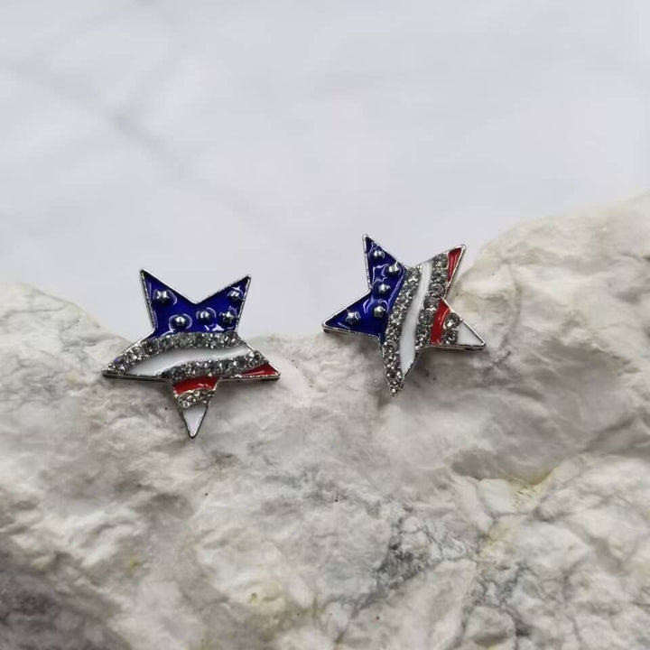 Patriotic Shiny Crystal Star Stud Earrings