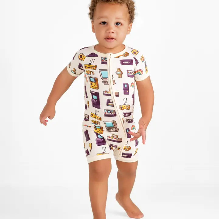 90's Retro Short Sleeve Baby Bamboo Zipper Romper Pajamas and Bow–Unisex