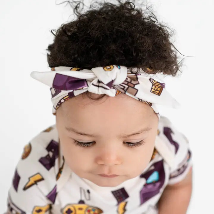 90's Retro Short Sleeve Baby Bamboo Zipper Romper Pajamas and Bow–Unisex