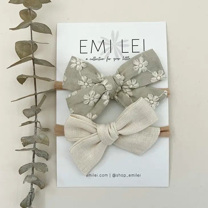 Nylon Headband Bow - Embroidered Sage Floral & Ivory