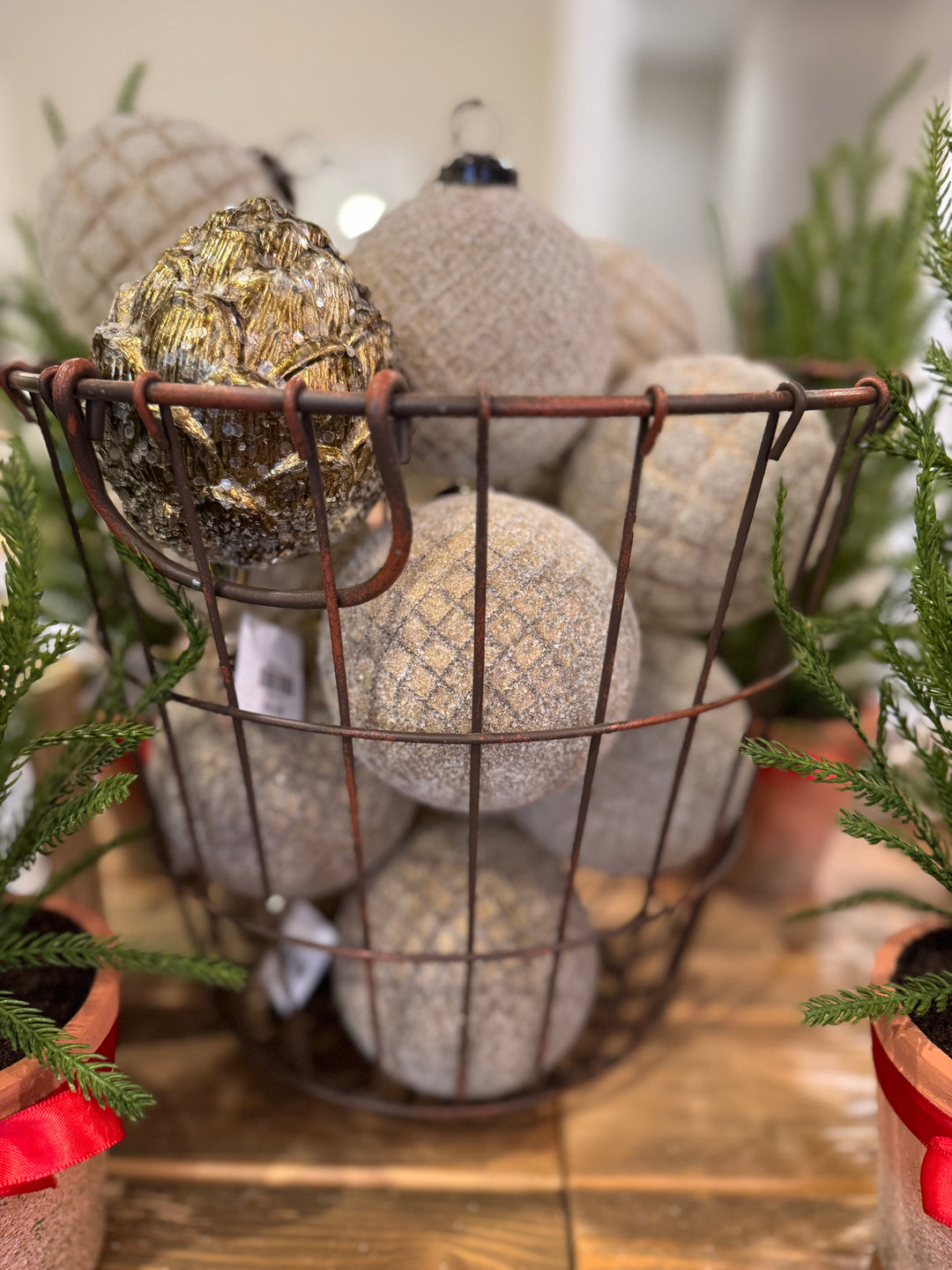 Glass Ridged Blue/Beige Ball Ornament