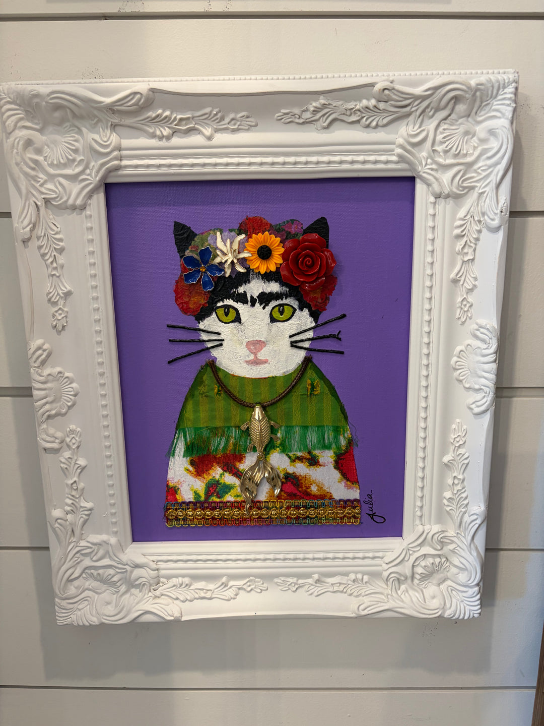 Frida Catlo Original Artwork by Julia Johnson - White Frame, Purple Background, Gold Fish Necklace
