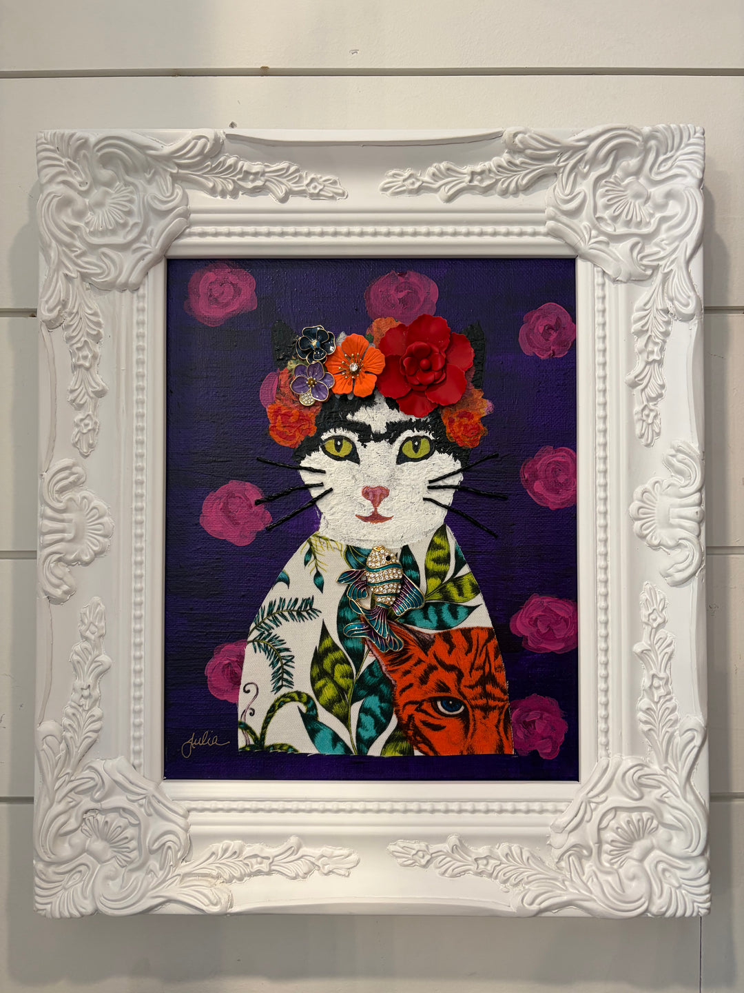 Frida Catlo Original Artwork by Julia Johnson - White Frame, Purple Floral Background