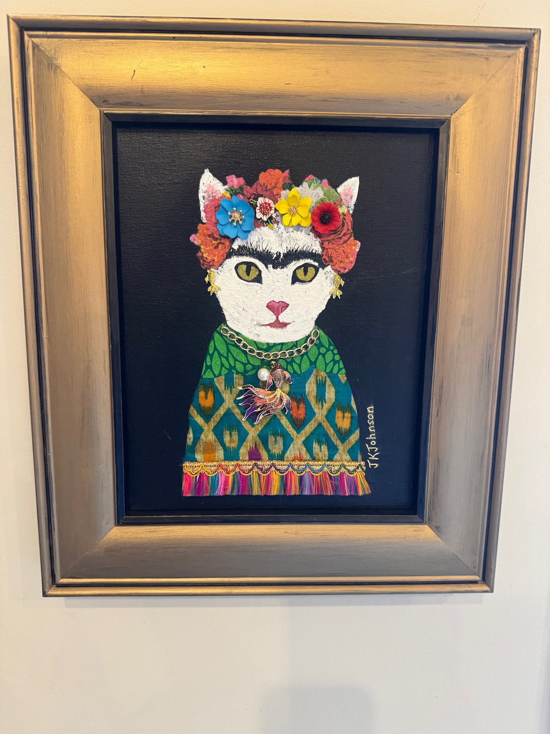 Frida Catlo Original Artwork by Julia Johnson in Gold and Black Frame