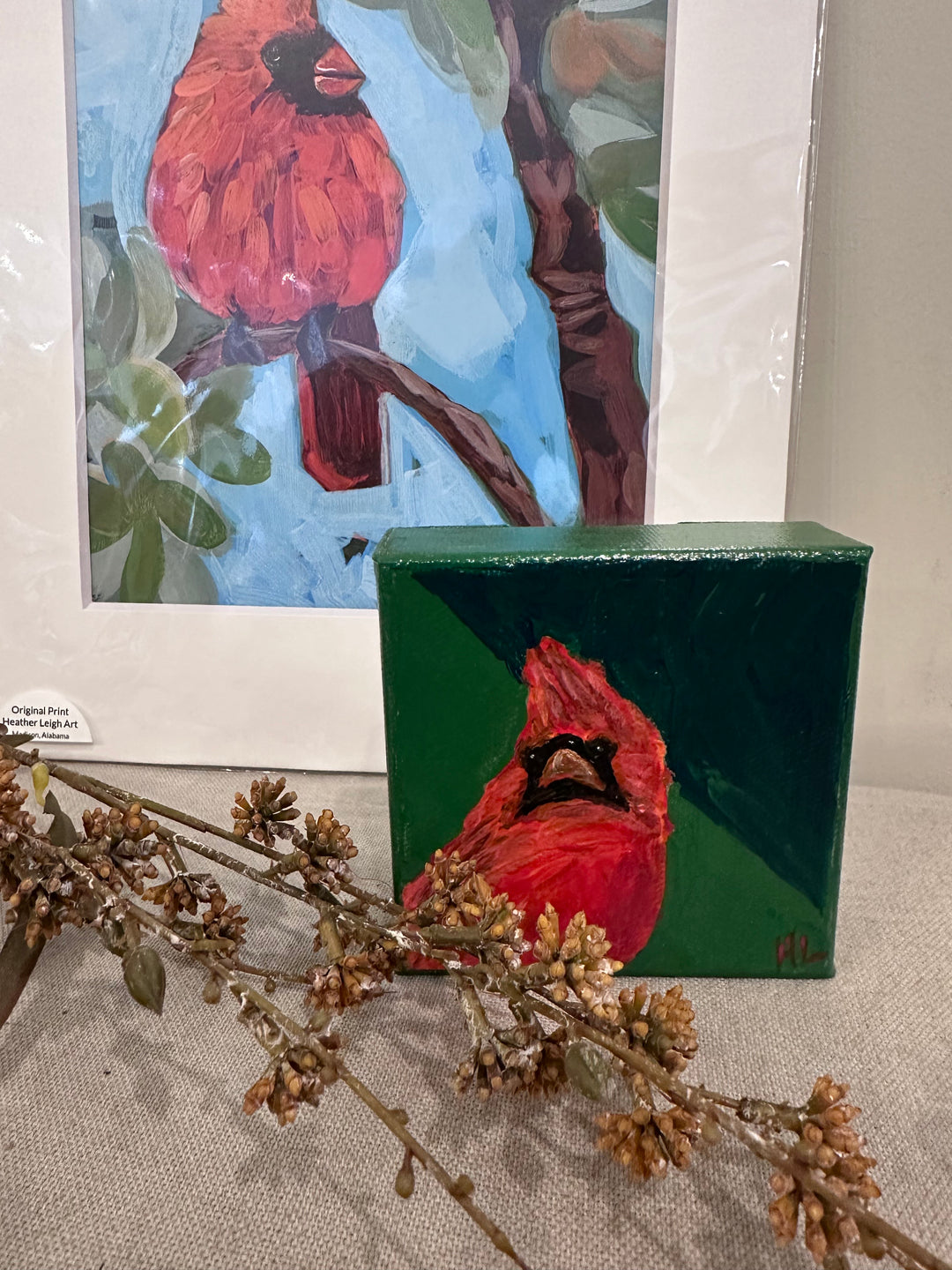 Cardinal Painting Original on 4x4 Canvas - Heather Leigh Art