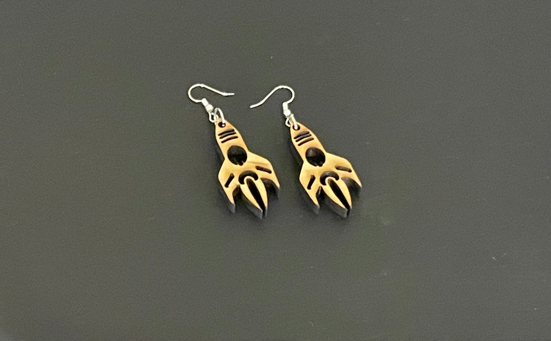 Rocket Open Wooden Etched Earrings