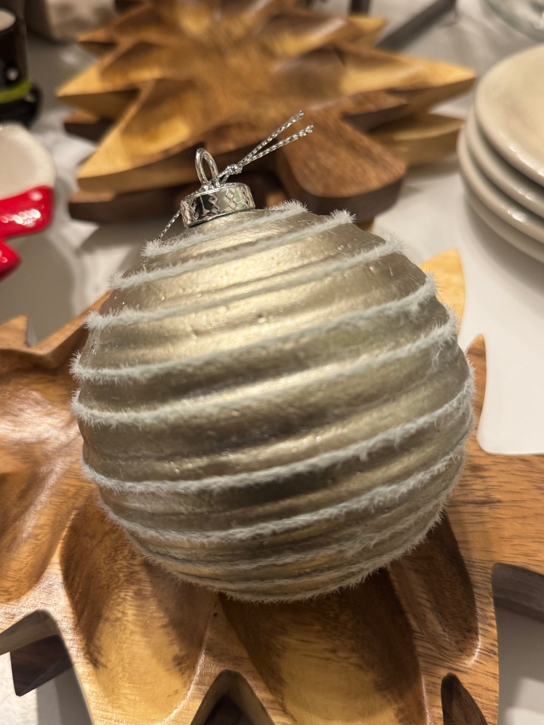 Gold Ornament with Flocked Stripes, 10 cm diameter