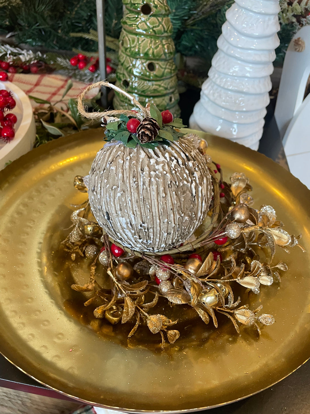 Wood with Greenery Ball Ornament