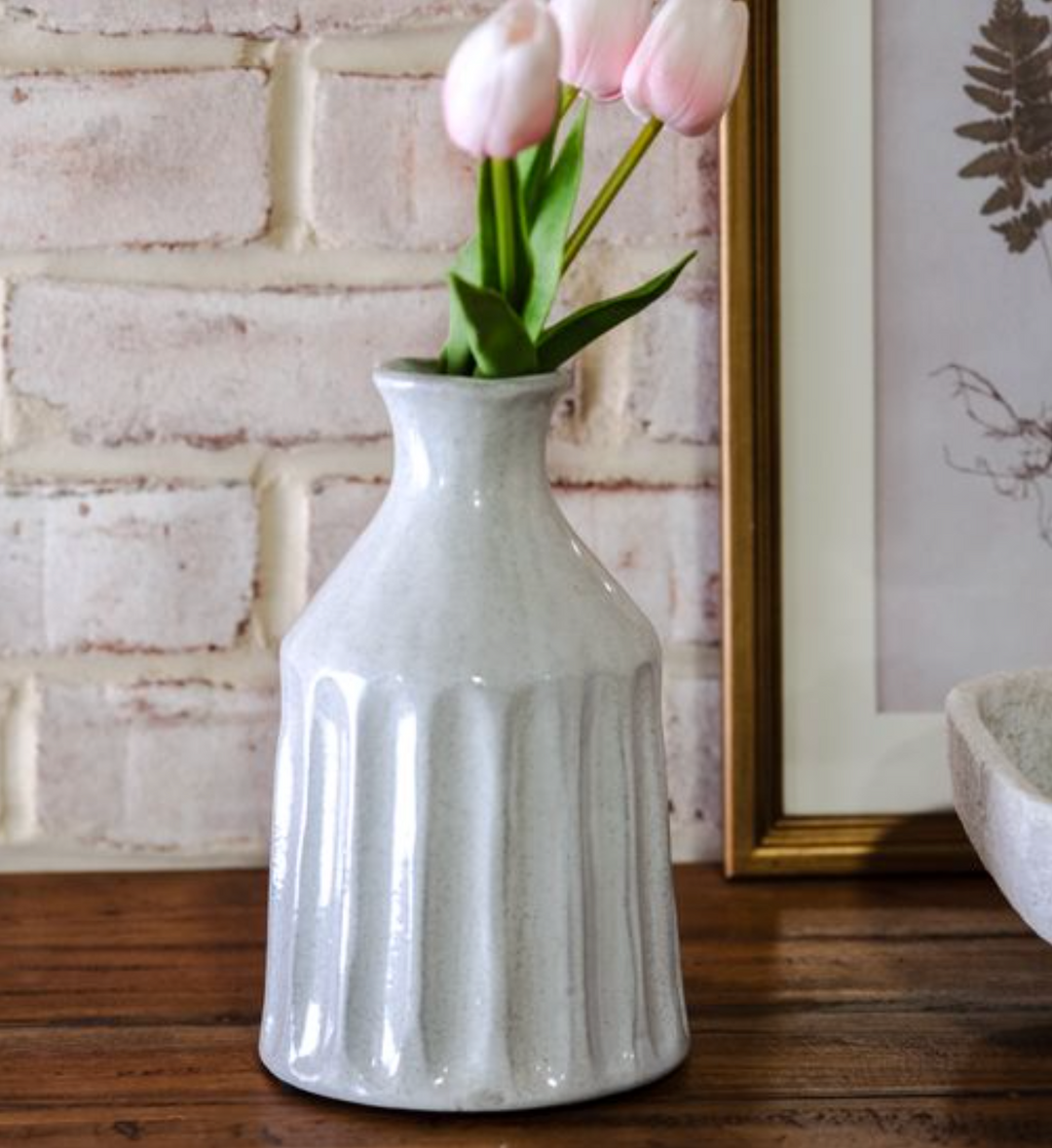 White Stripe Vase 8" Flared