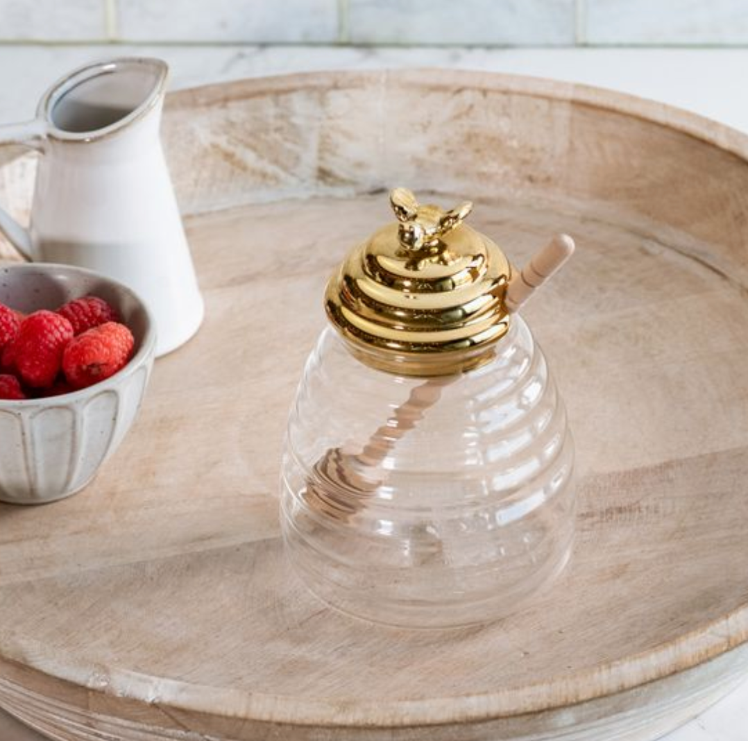 Glass Honey Pot w/Gold Trim