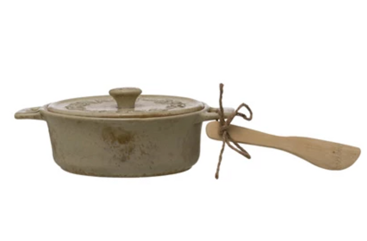 Stoneware Brie Baker with Bamboo Spreader (Various Colors)