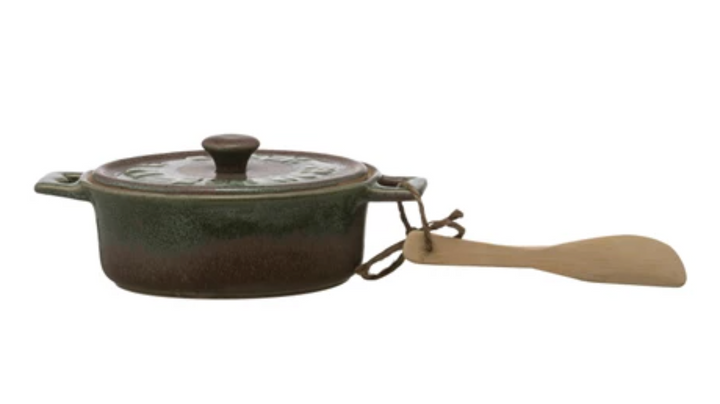 Stoneware Brie Baker with Bamboo Spreader (Various Colors)