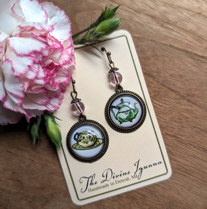 Pastel Teacup and Teapot Steampunk Victorian Earrings