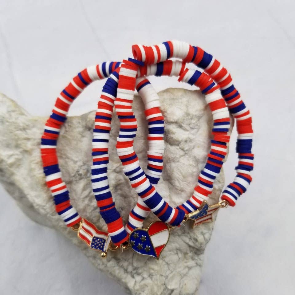 American Flag & Heart & Star Patriotic Heishi Bracelet