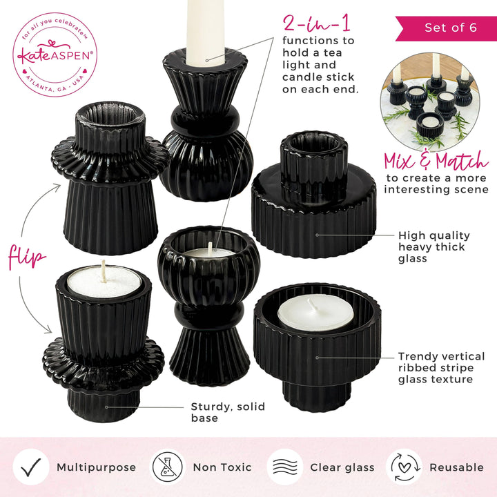 Ribbed Black Glass Candle/Candlestick Holders Set of