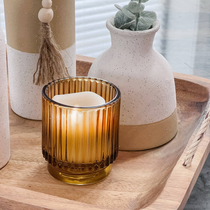 Ribbed Amber Glass Votive Candle Holder