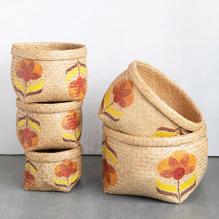 Hand-Woven Seagrass Basket with Floral Design