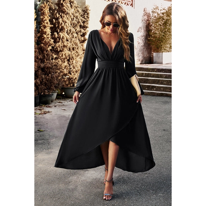 Elegant Deep V Long A-Line Dress - Black