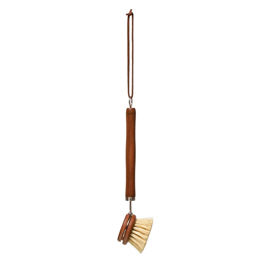 Beech Wood Dish Brush with Leather Strap, Stained Finish