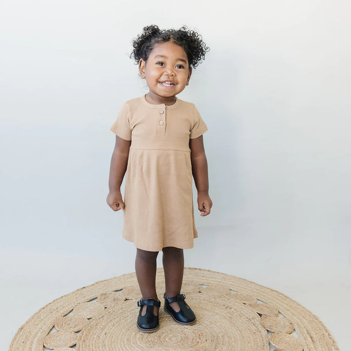 Mebie Baby Cafe Short Sleeve Button Ribbed Organic Cotton Dress