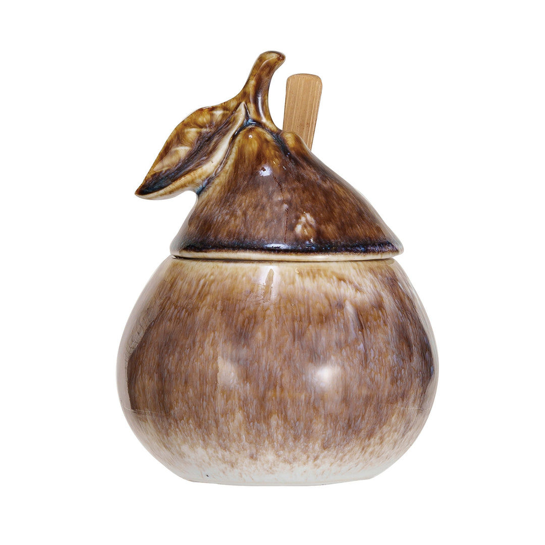 Stoneware Pear Shaped Sugar Pot w/ Wood Spoon, Set of 2 (Each One Will Vary)