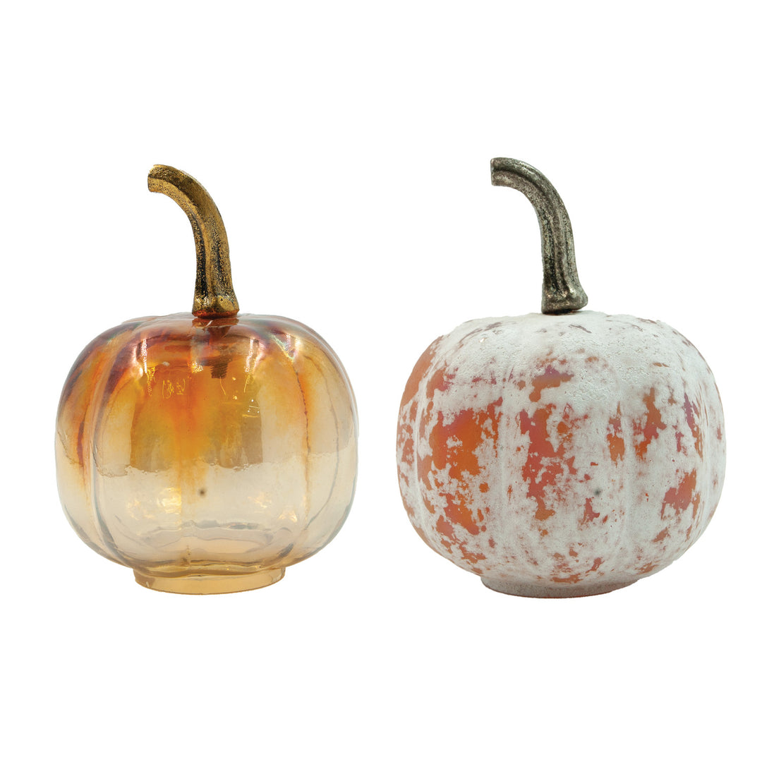 Glass Pumpkin with Stem, Distressed/Iridescent Finish, 2 Styles