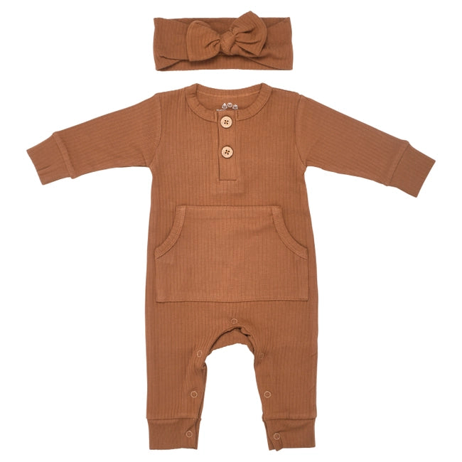 Baby Ribbed Playsuit w/ Pocket - Clay