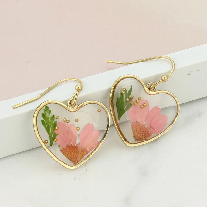 Cottage Floral Dried Flower Heart Earrings