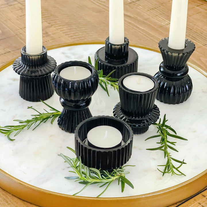 Ribbed Black Glass Candle/Candlestick Holders Set of