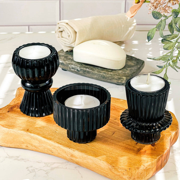 Ribbed Black Glass Candle/Candlestick Holders Set of