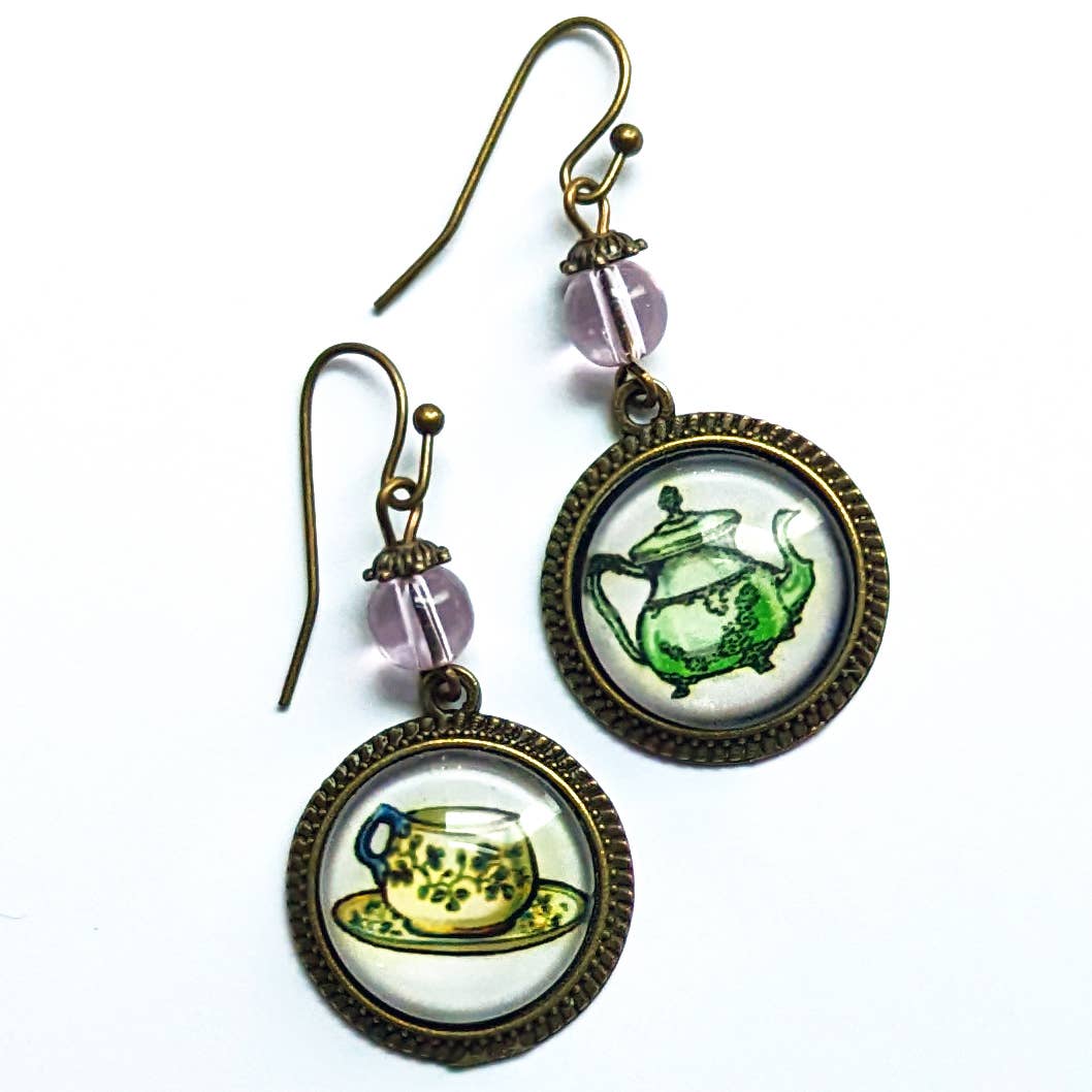 Pastel Teacup and Teapot Steampunk Victorian Earrings