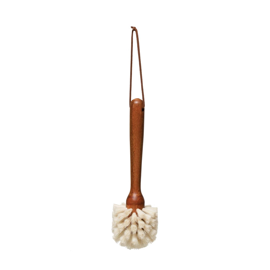 Beech Wood Round Dish Brush with Leather Strap, Stained Finish