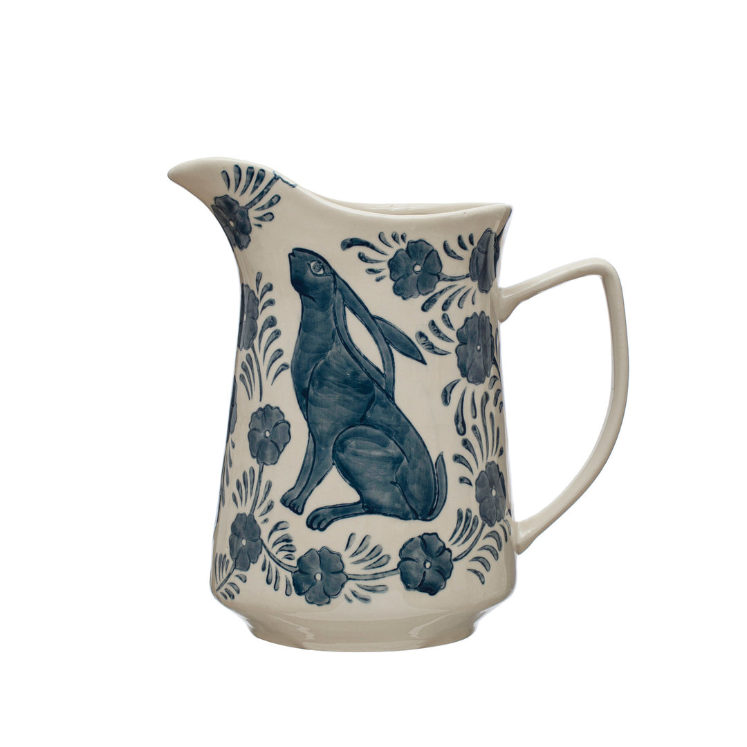 3 Quart Hand-Painted Stoneware Pitcher w/ Rabbit & Flowers, Blue & White ©