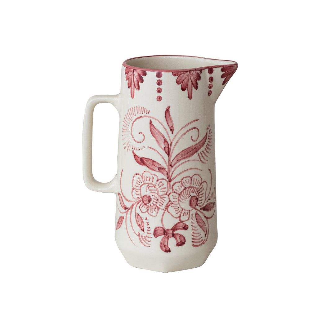 60 oz. Hand-Painted Stoneware Pitcher with Botanical Design (Each One Will Vary)