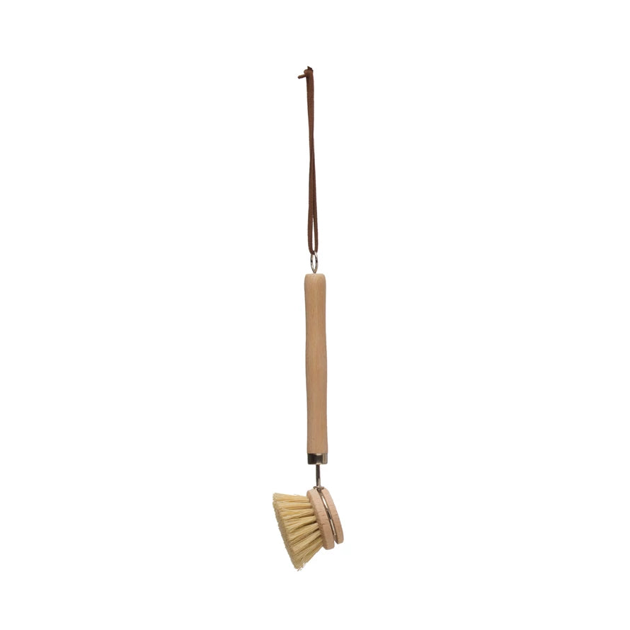 Beech Wood Dish Brush with Leather Strap, Natural Finish