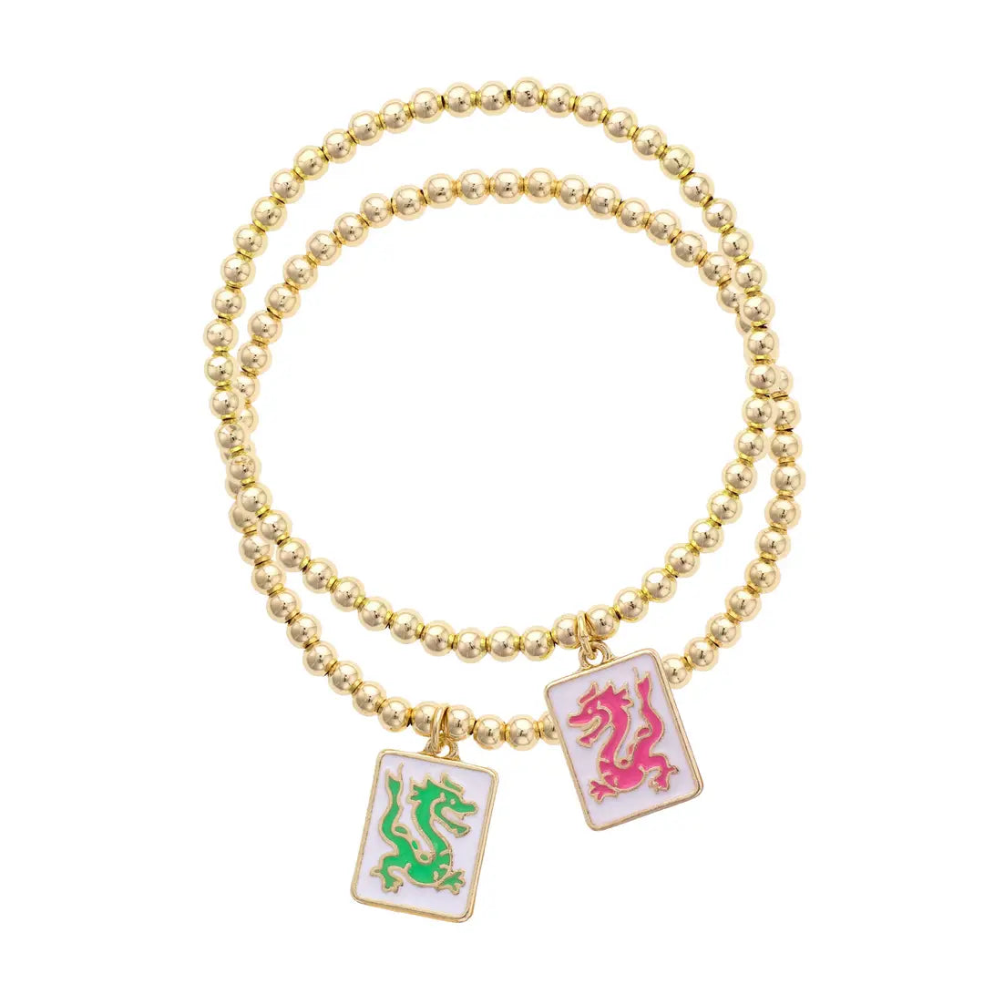 Pair of Dragons Mahjong Ball Bead Bracelet Set of 2