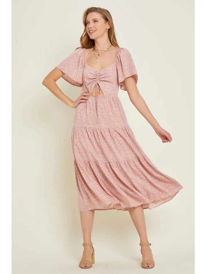 Ditsy Floral Tiered Ruffle Midi Dress- Dusty Rose
