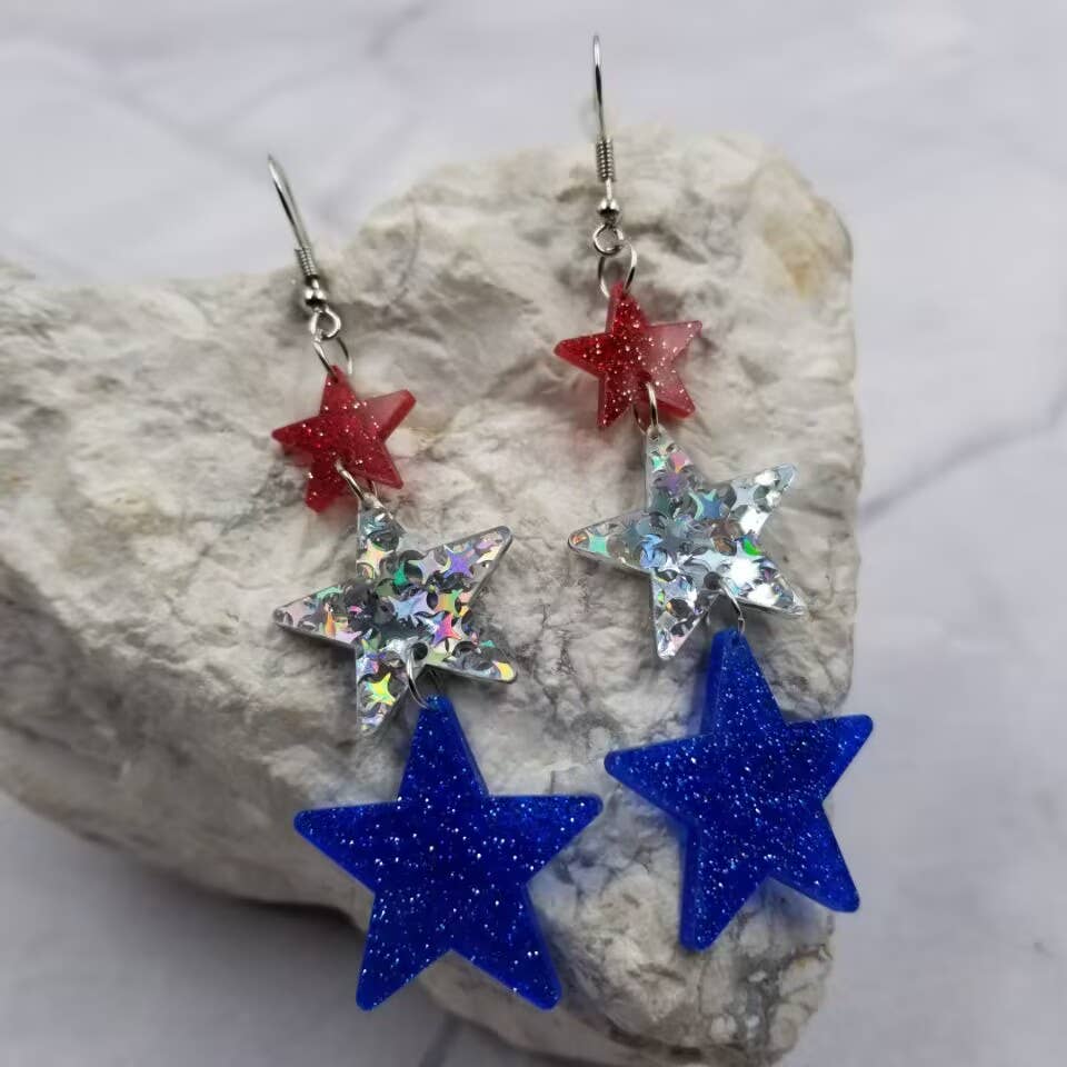 Patriotic Glitter 3 Star Acrylic Earrings