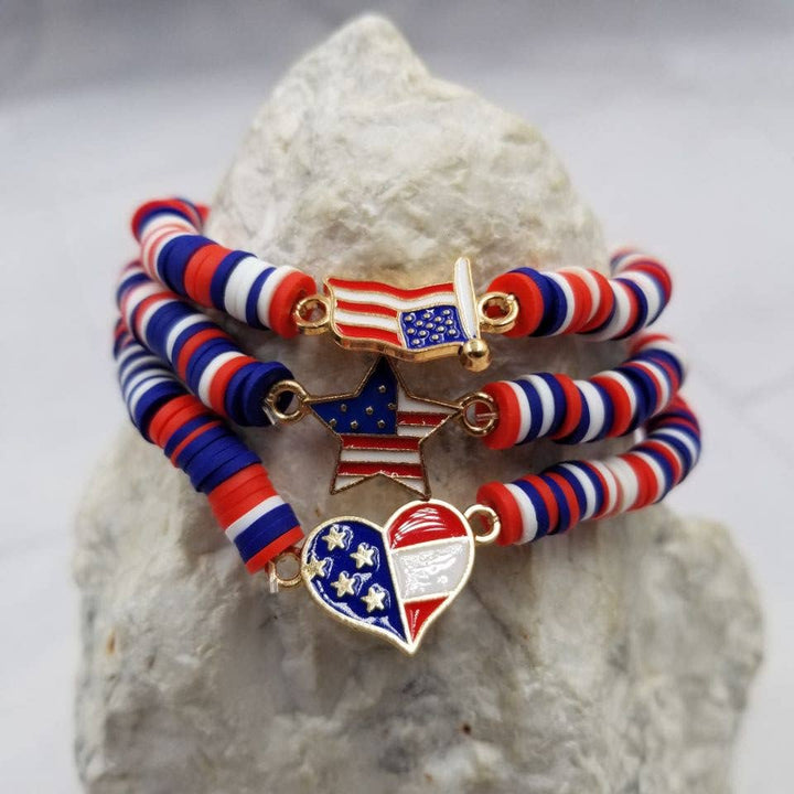 American Flag & Heart & Star Patriotic Heishi Bracelet