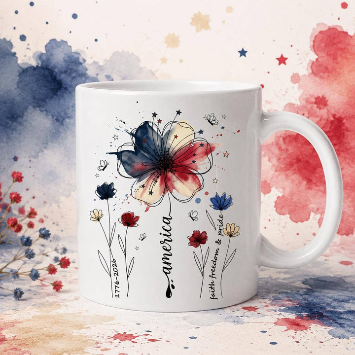 Patriotic Floral Mug ,Red White Blue Wildflower Cup