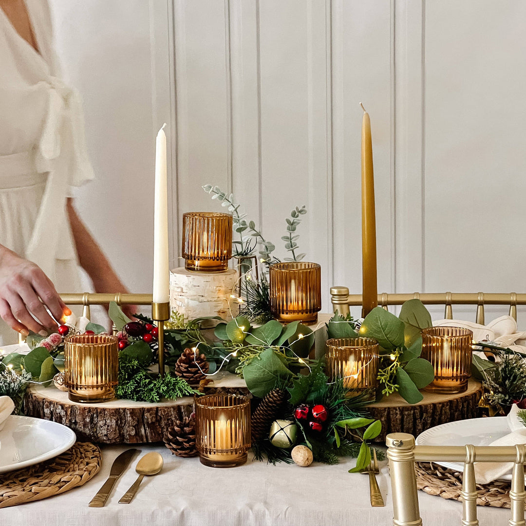 Ribbed Amber Glass Votive Candle Holder