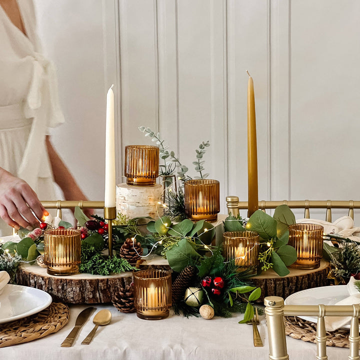 Ribbed Amber Glass Votive Candle Holder