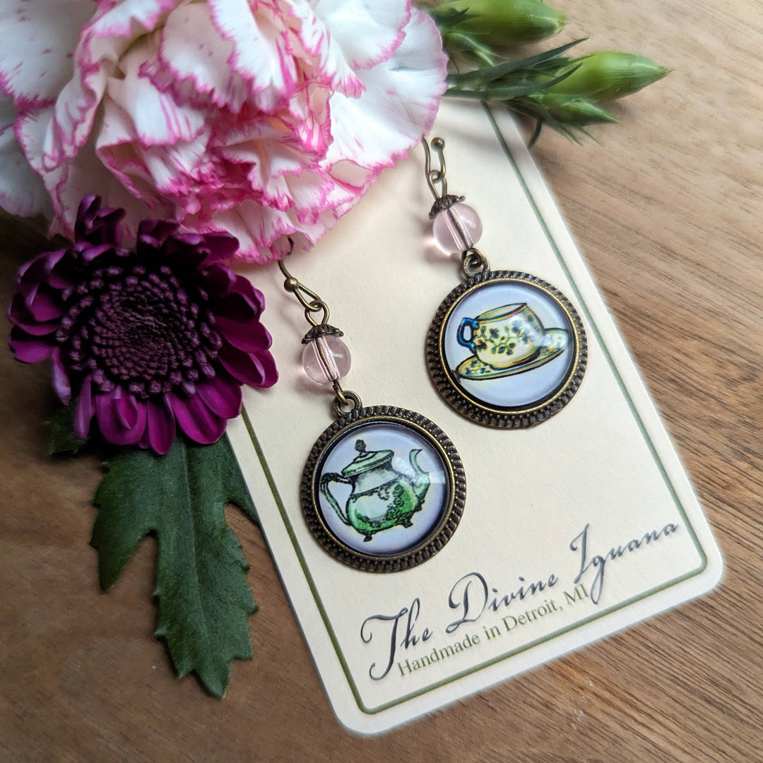 Pastel Teacup and Teapot Steampunk Victorian Earrings