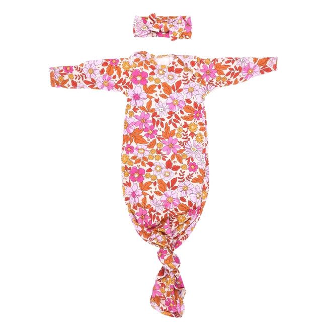 Floral Hawaiian Knotted Baby Gown & Bow Set
