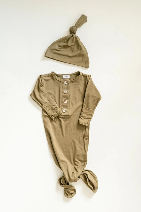 Knotted Baby Gown and Hat Set - Army Green