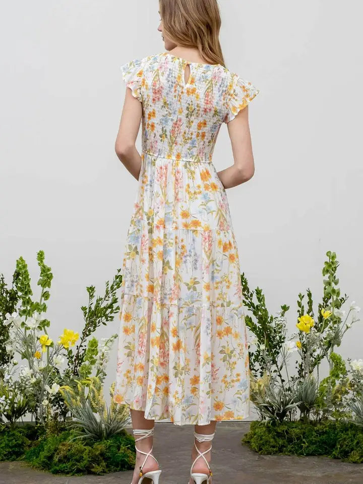 Floral Smocked Ruffle Sleeve Tiered Midi Dress - Ivory