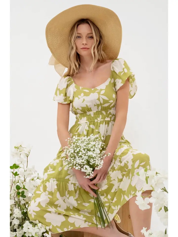 Floral Flounce Sleeve Tiered Midi Dress - Kiwi