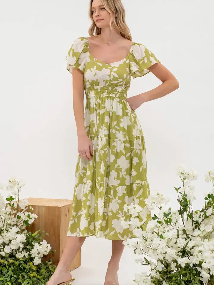 Floral Flounce Sleeve Tiered Midi Dress - Kiwi